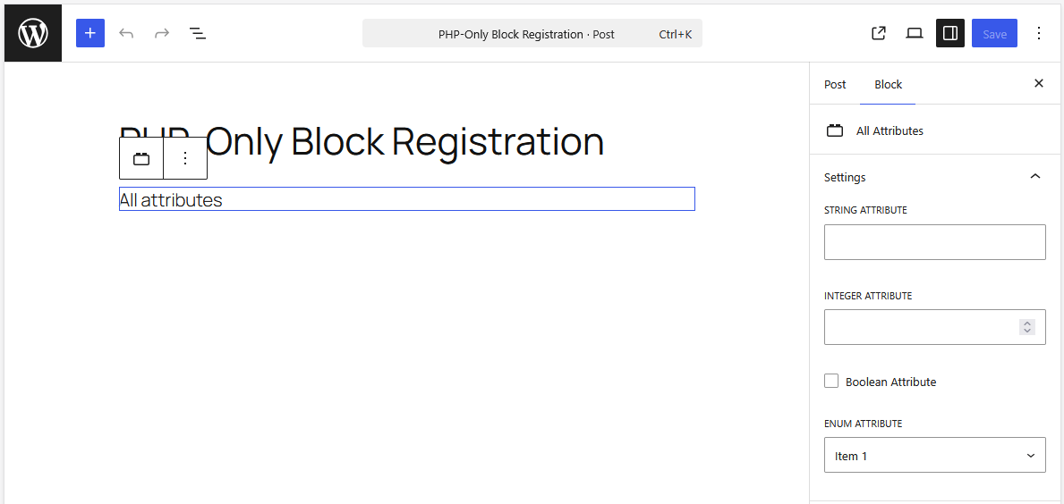 Block sidebar settings showing example controls for string, integer, boolean, and dropdown.
