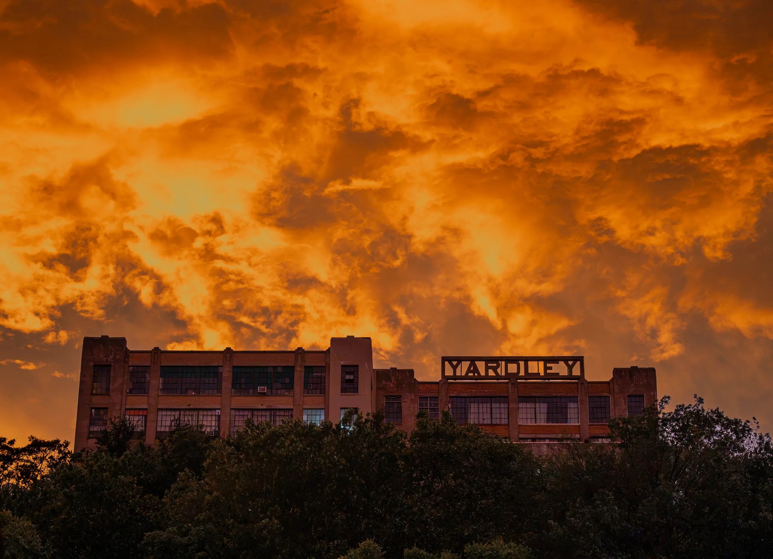 Rare fiery orange sunset over the historic Yardley building after the Nor'easter