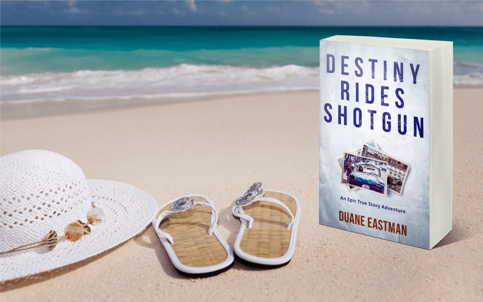 Destiny Rides Shotgun book on sandy tropical beach