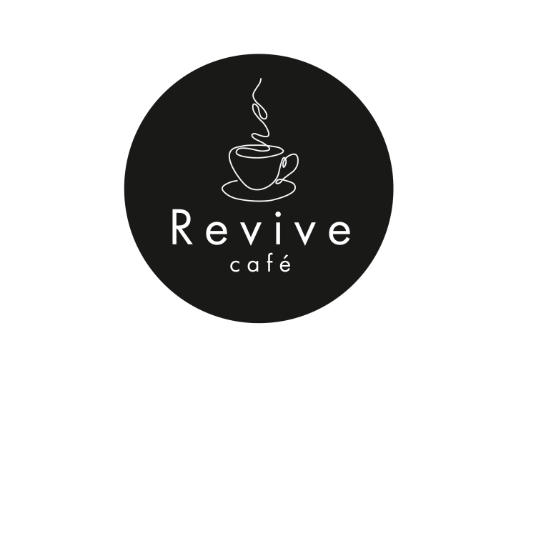 Circular black logo featuring a minimalist white line drawing of a steaming coffee cup and saucer. Beneath the illustration, the text reads “Revive café” in a clean, modern sans‑serif font. The design is simple and elegant, using contrast between black and white to convey a contemporary, welcoming café brand.