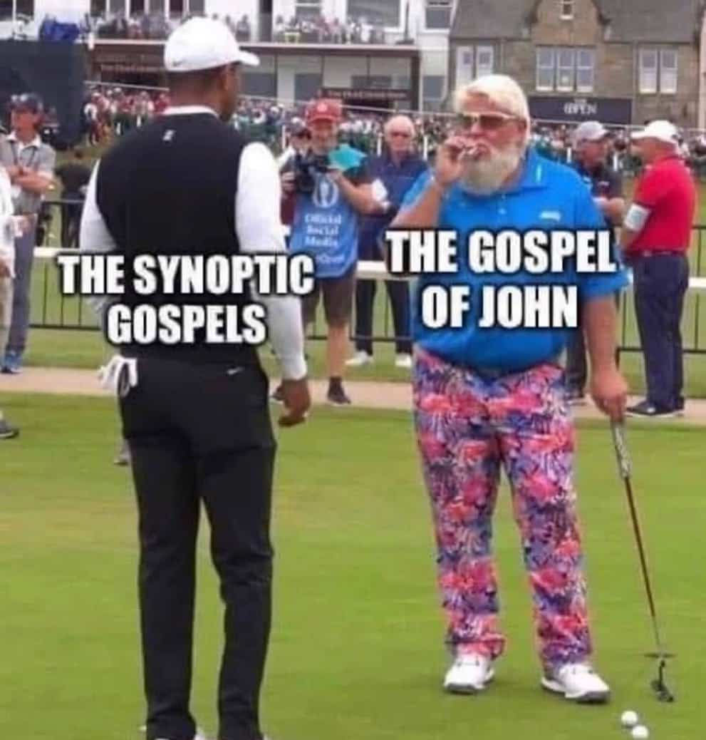 Golf meme comparing the synoptic gospels to the gospel of John