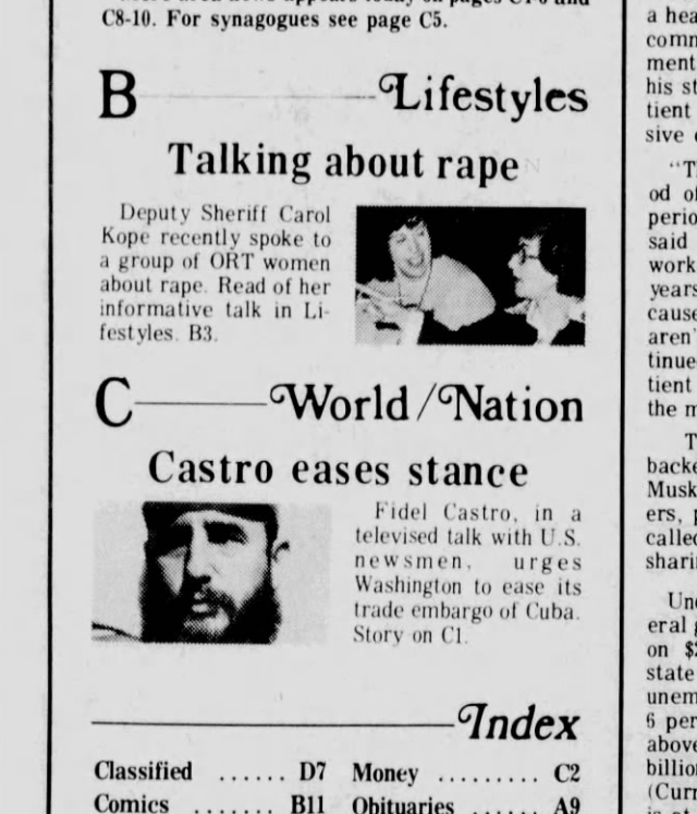 A section of The Reporter Dispatch May 8th, 1975 issue. It highlights two articles, one about rape and the second about Castro and Cuba