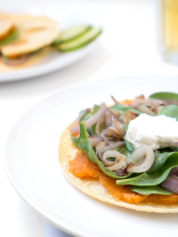 sweet potato quesadillas, spinach, shallots, greek yogurt, easy lunch