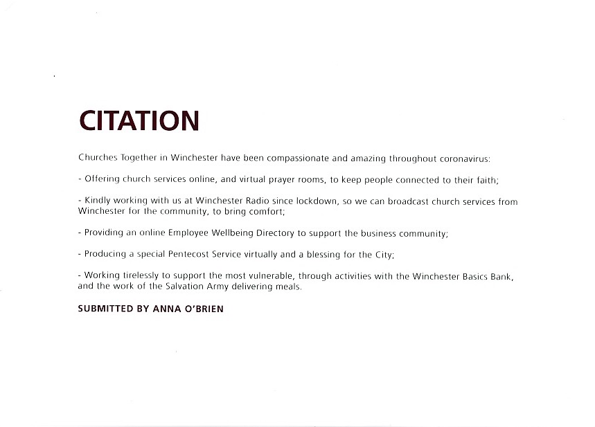 Mayor of Winchester Local Hero citation
