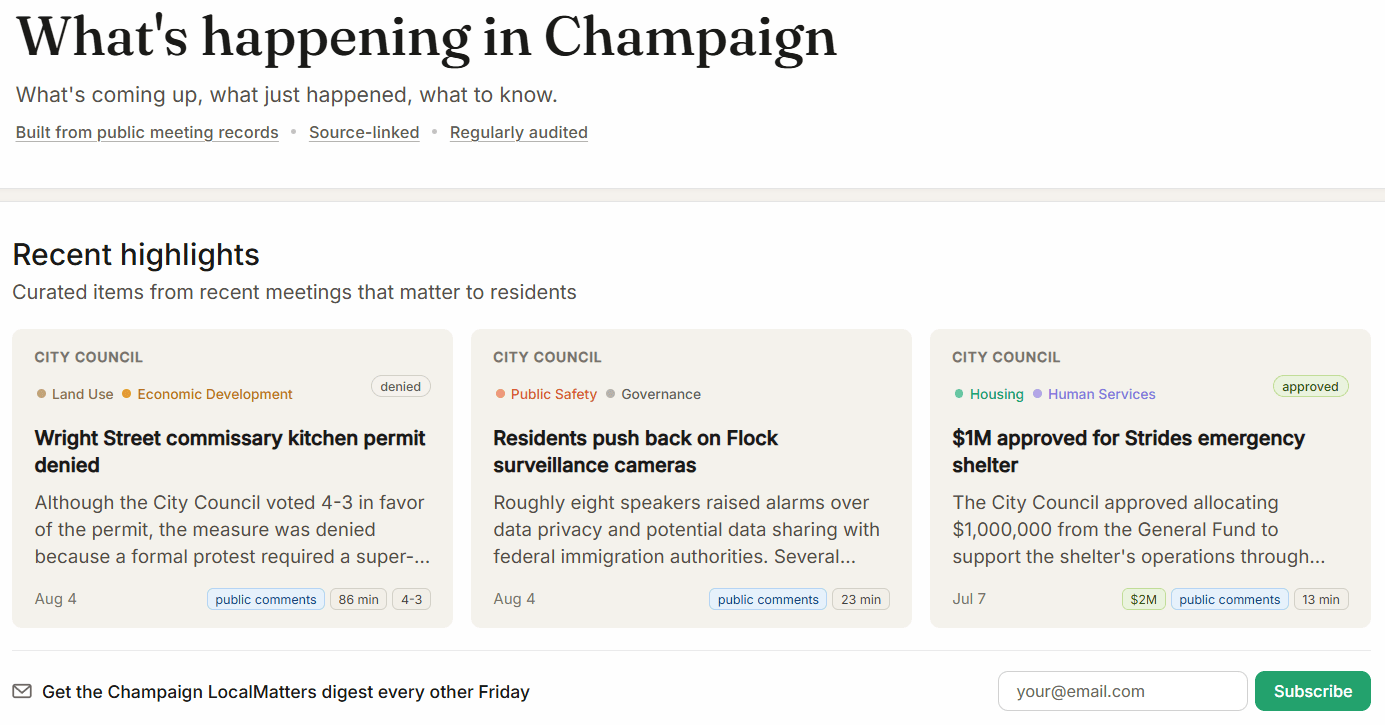 Screenshot of the LocalMatters website interface showing a summarized Champaign-Urbana public meetings overview