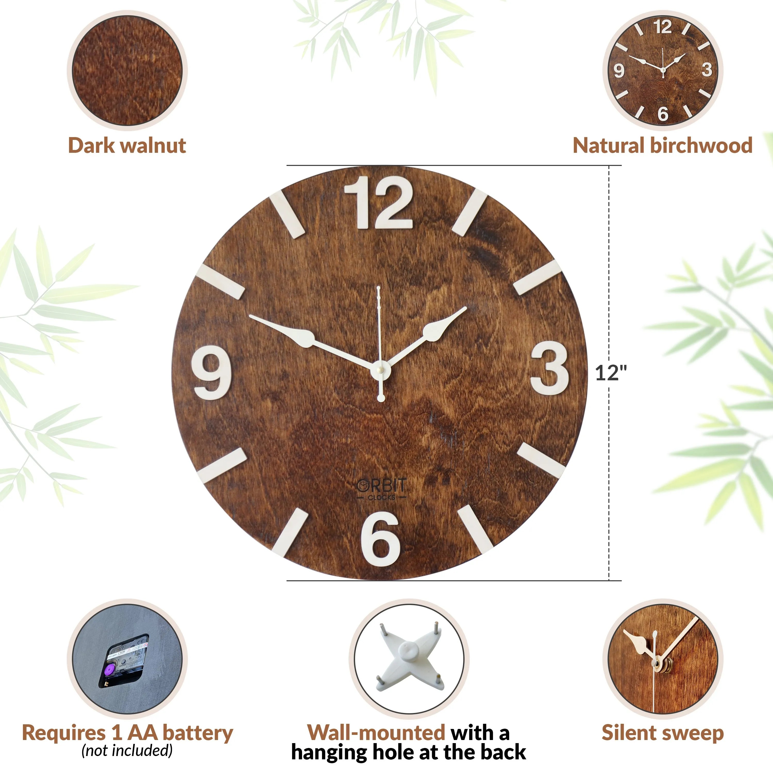Dark Walnut 12″ Round Wall Clock Brown Smooth Glossy Finish