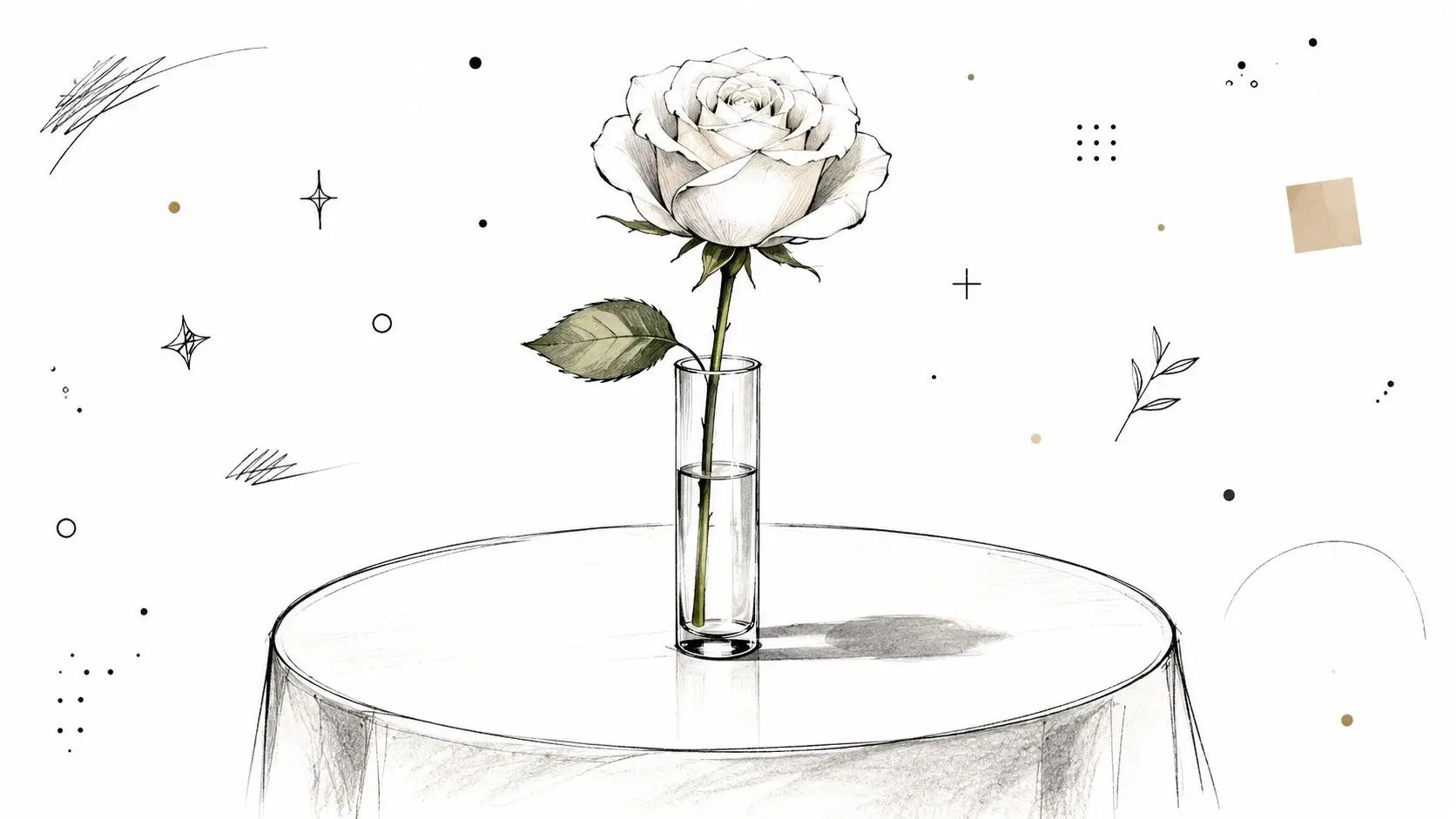 Eight Autumn Centerpieces A pencil sketch of a single white rose in a glass vase on a round table.