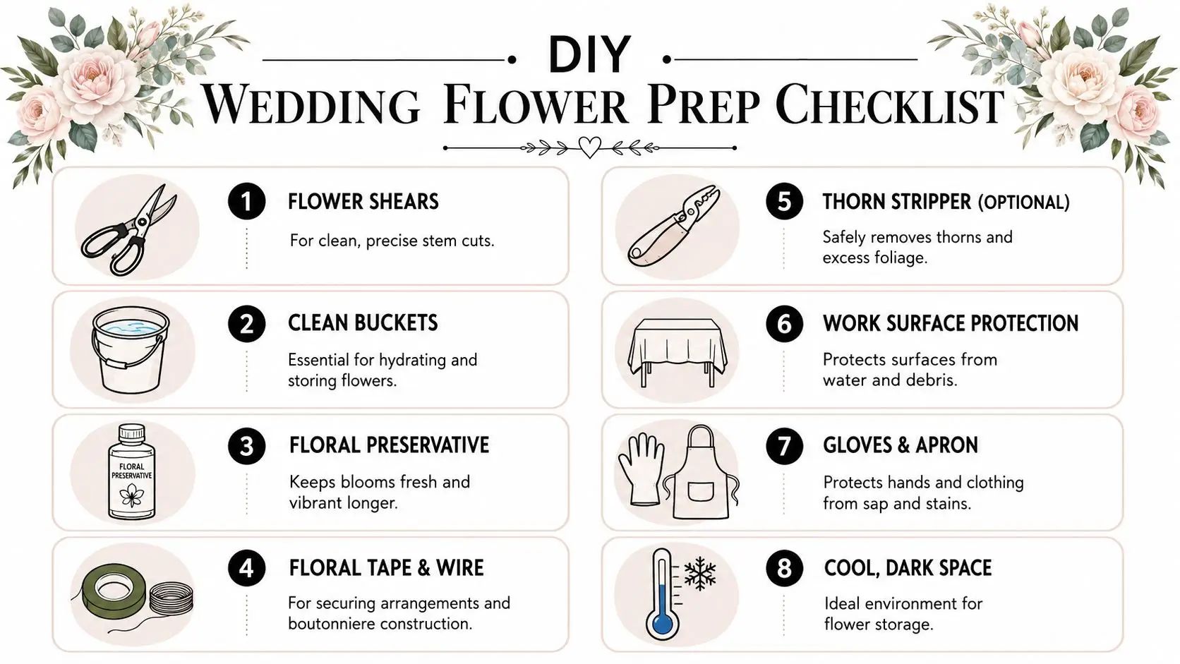 An illustrated DIY wedding flower preparation checklist with eight essential tools and supplies for arranging flowers.