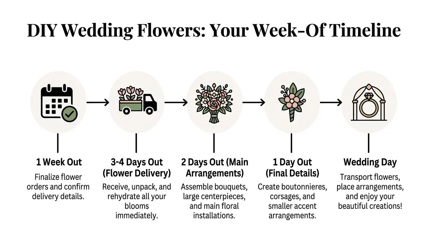 A five-step timeline graphic illustrating the process for handling DIY wedding flowers throughout the final week.