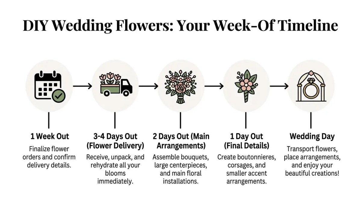 A five-step timeline graphic illustrating the process for handling DIY wedding flowers throughout the final week.