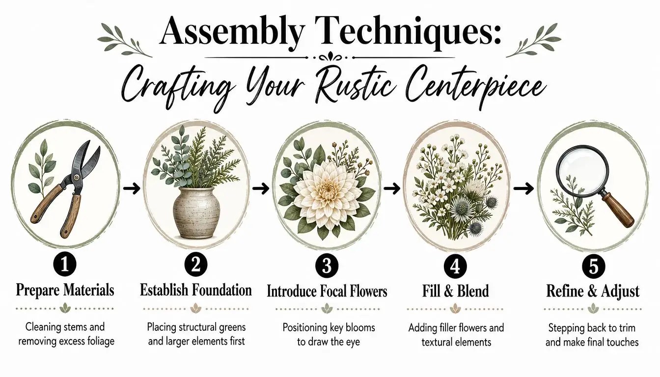 A five-step guide on how to assemble a beautiful rustic flower arrangement for a centerpiece.