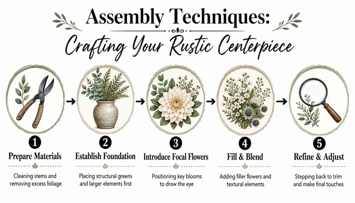 A five-step guide on how to assemble a beautiful rustic flower arrangement for a centerpiece.