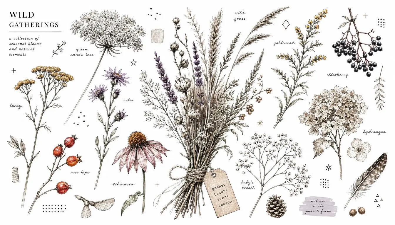 Detailed botanical illustrations of various wildflowers, berries, and a tied bouquet arranged against a white background.