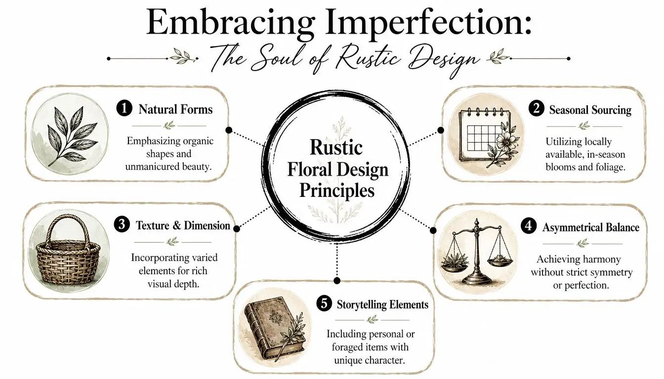 A diagram outlining five key principles of rustic floral design, including natural forms, seasonal sourcing, and storytelling.