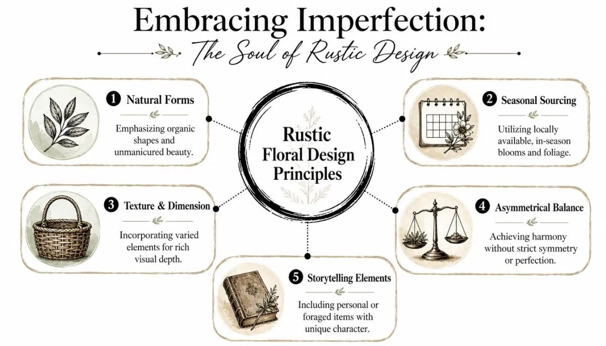 A diagram outlining five key principles of rustic floral design, including natural forms, seasonal sourcing, and storytelling.