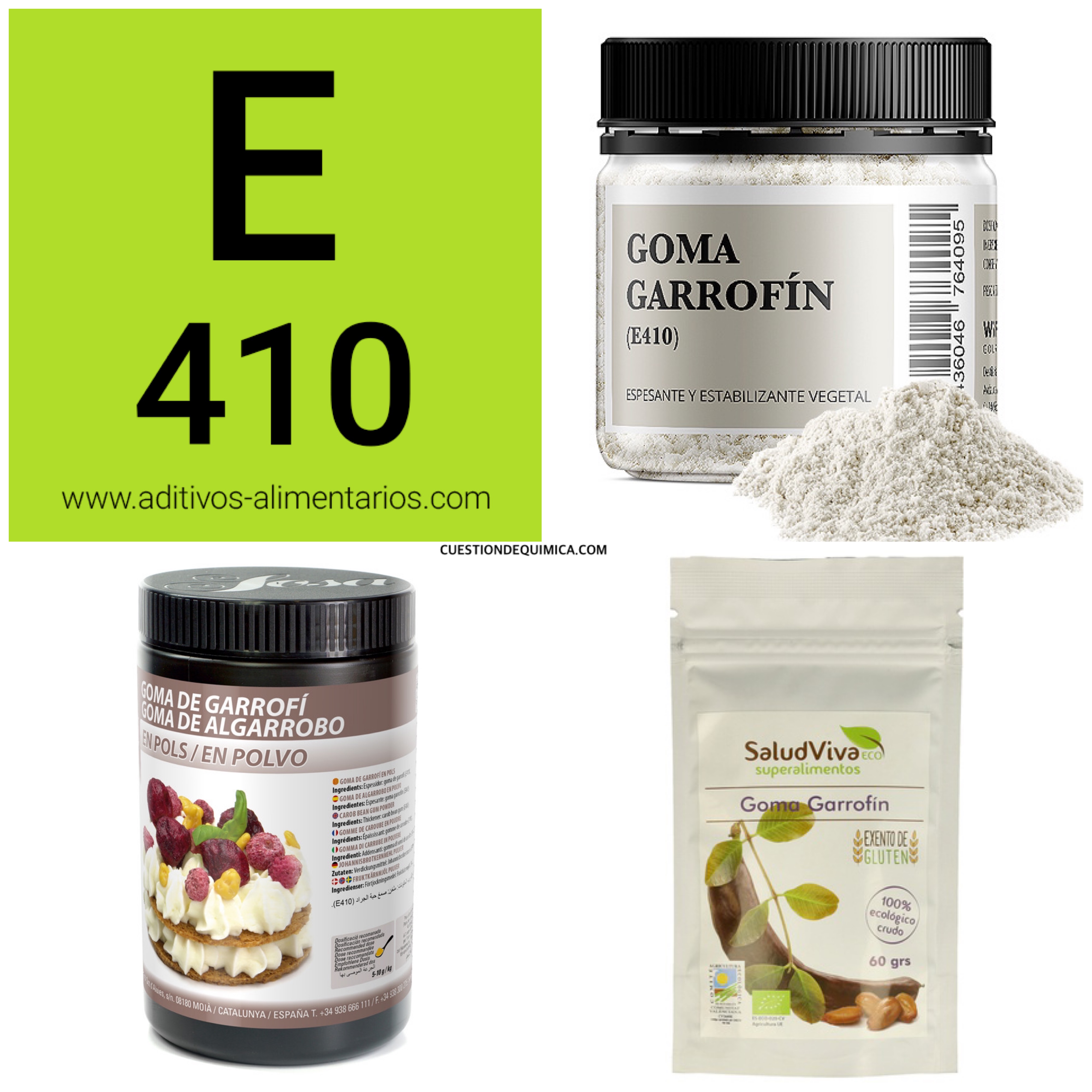 e410 o goma de algarrobo, un aditivo que se puede encontrar muy fácilmente, aquí varias muestras de diferentes webs.