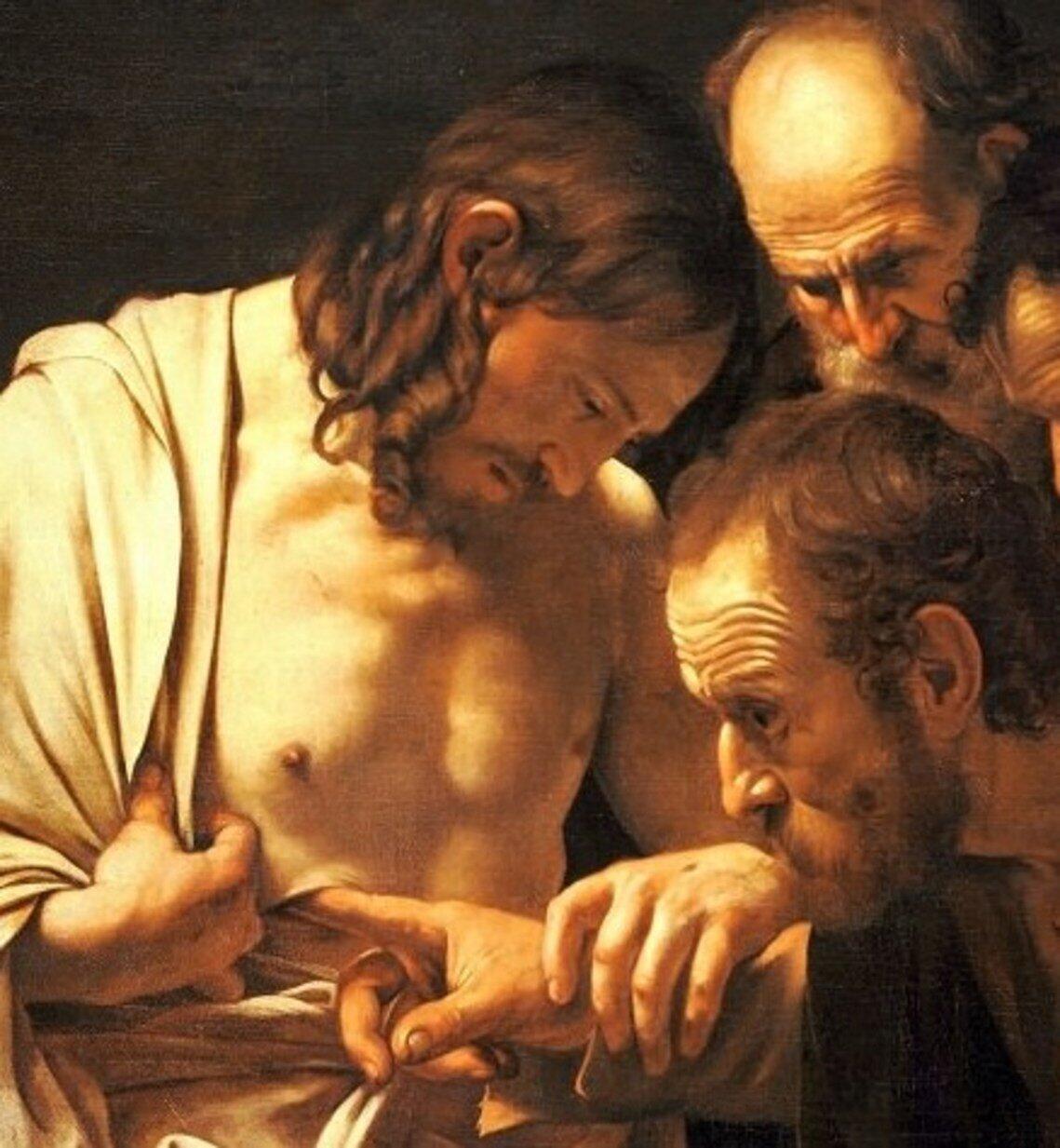 Zoom-in, the incredulity of saint thomas (caravaggio), 1602