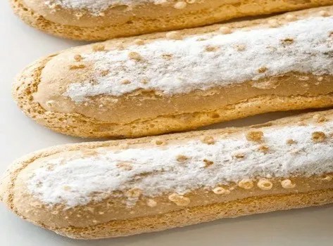 Biscuits à la cuillère poudrés de sucre glace, alignés sur une plaque