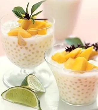 Perles du Japon à la mangue en ramequin, tapioca translucide au lait de coco