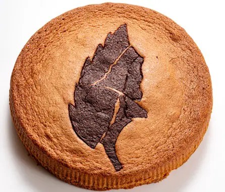 Burgou tranché, gâteau à la châtaigne avec sa feuille de cacao