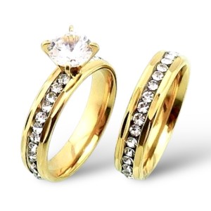 STAINLESS STEEL IP GOLD Eng CZ Clear 2 Pcs