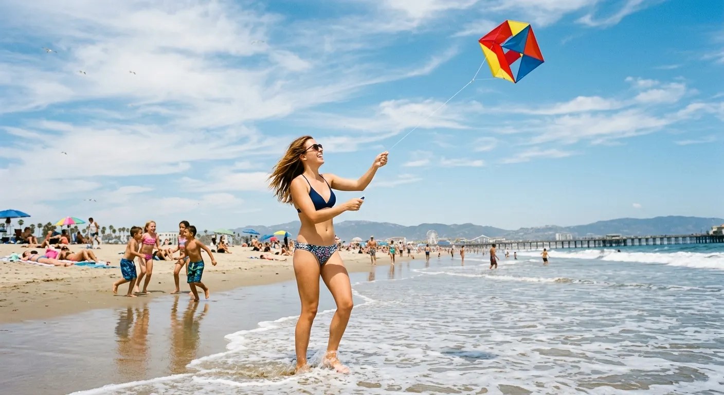 Flying a box kite at the beach