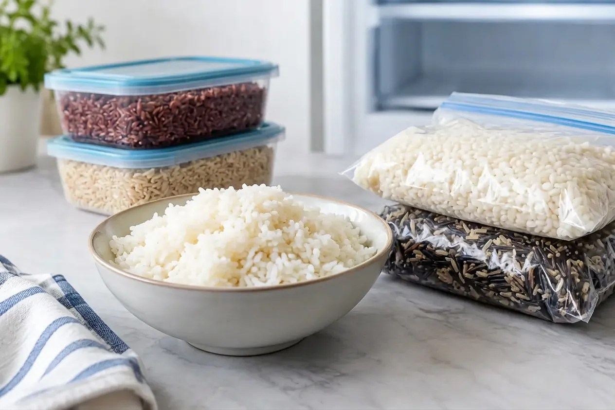 Containers of rice ready for the freezer.