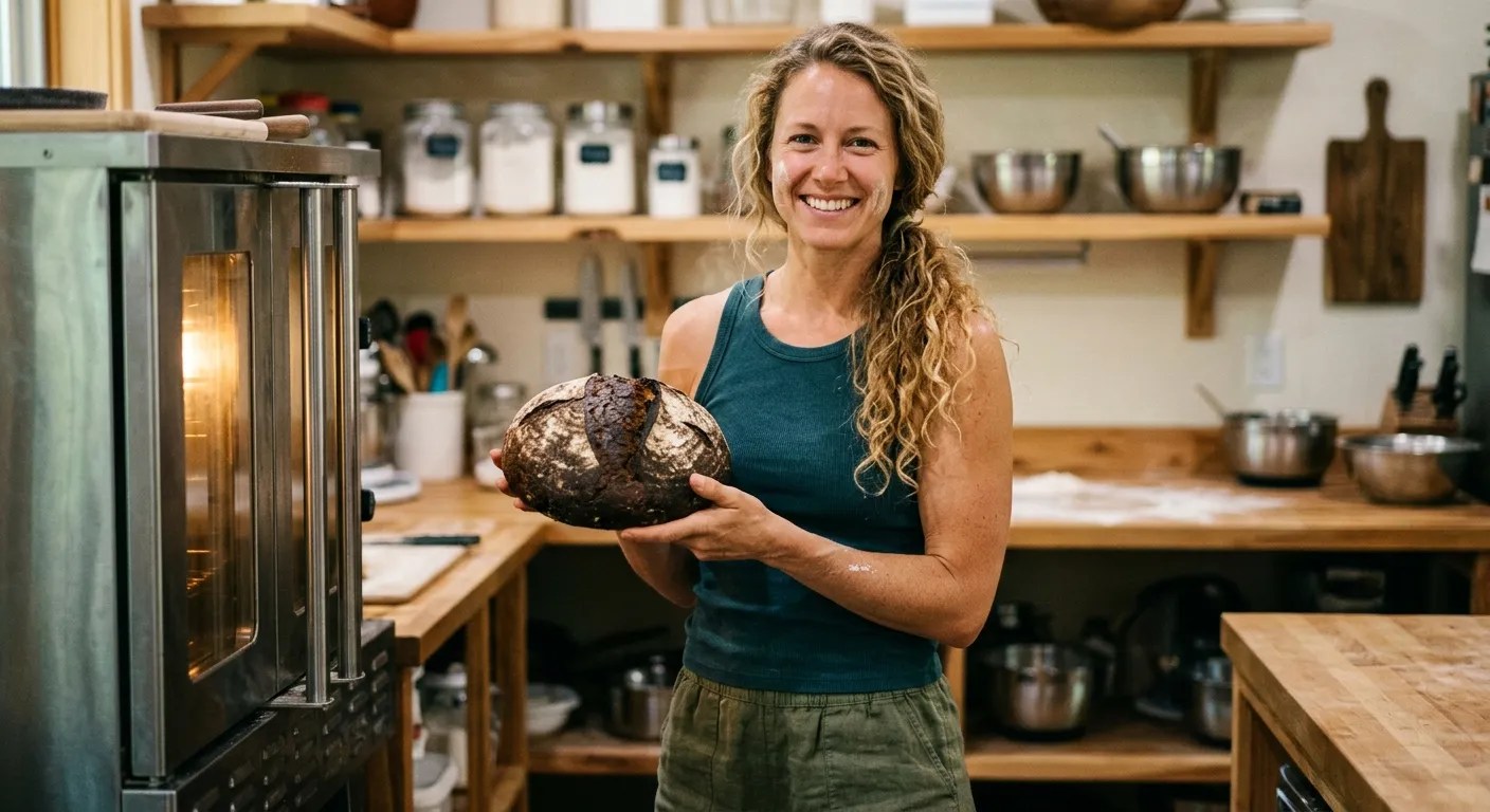 A home baker shows us a fresh loaf of pumpernickel.