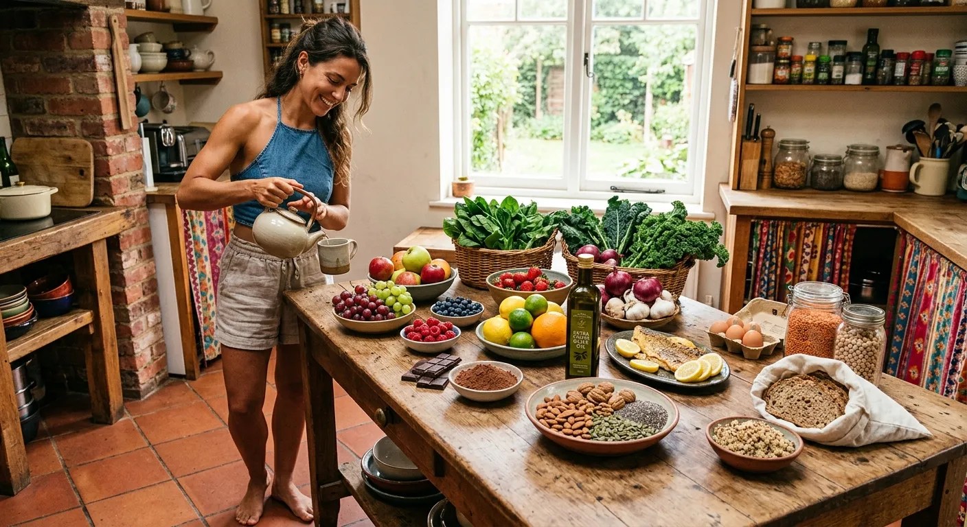 A table laden with immune boosting foods is set before a woman pouring a cup of tea.