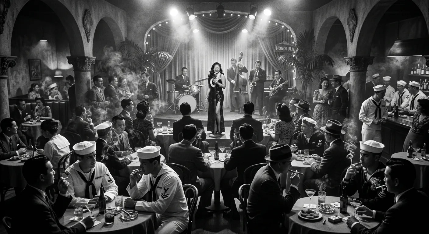 A WWII era nightclub in old Hawail, a lounge singer brings smiles to the crowd.