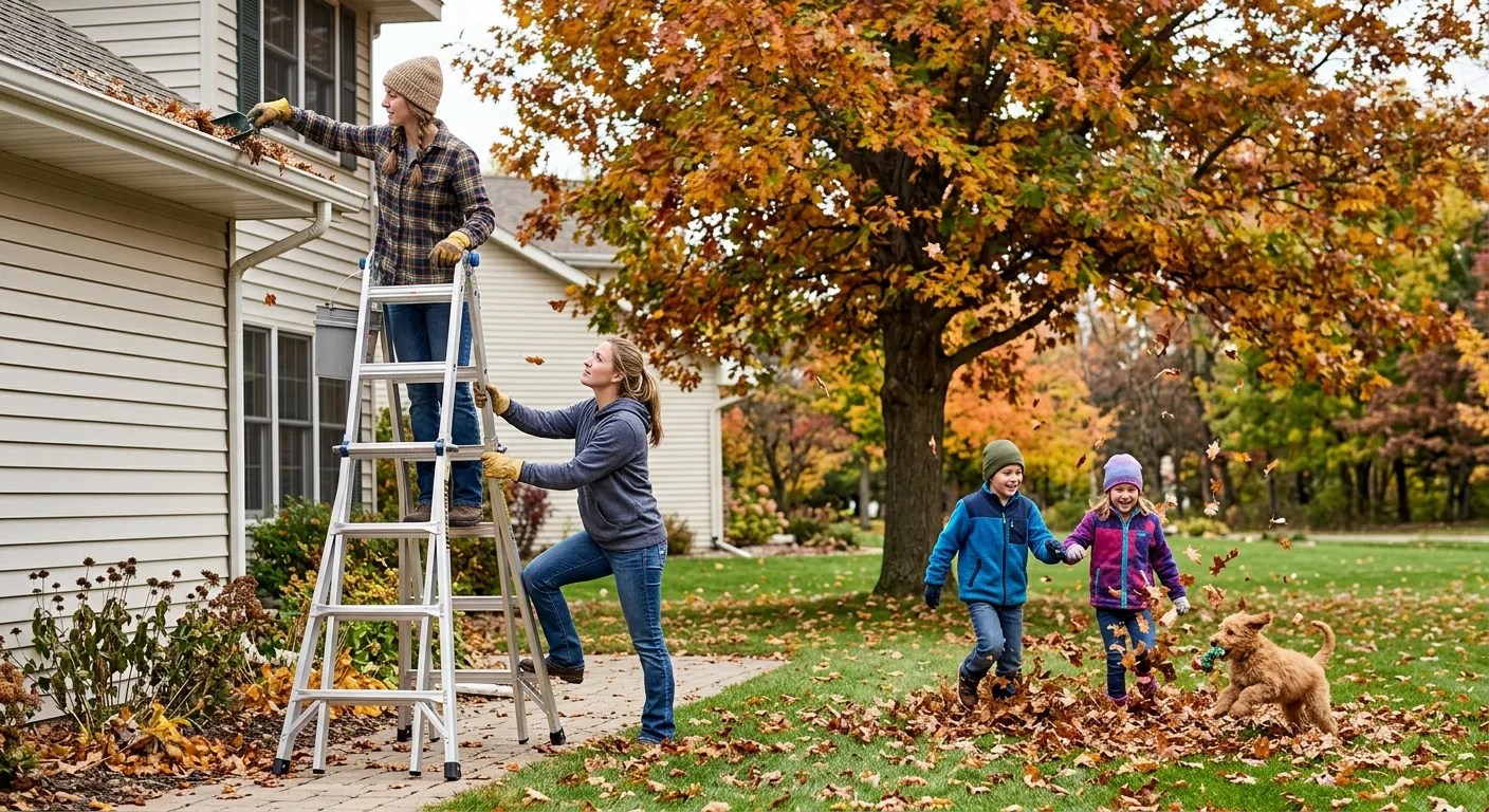 Home owners clean the gutter for fall maintenance.