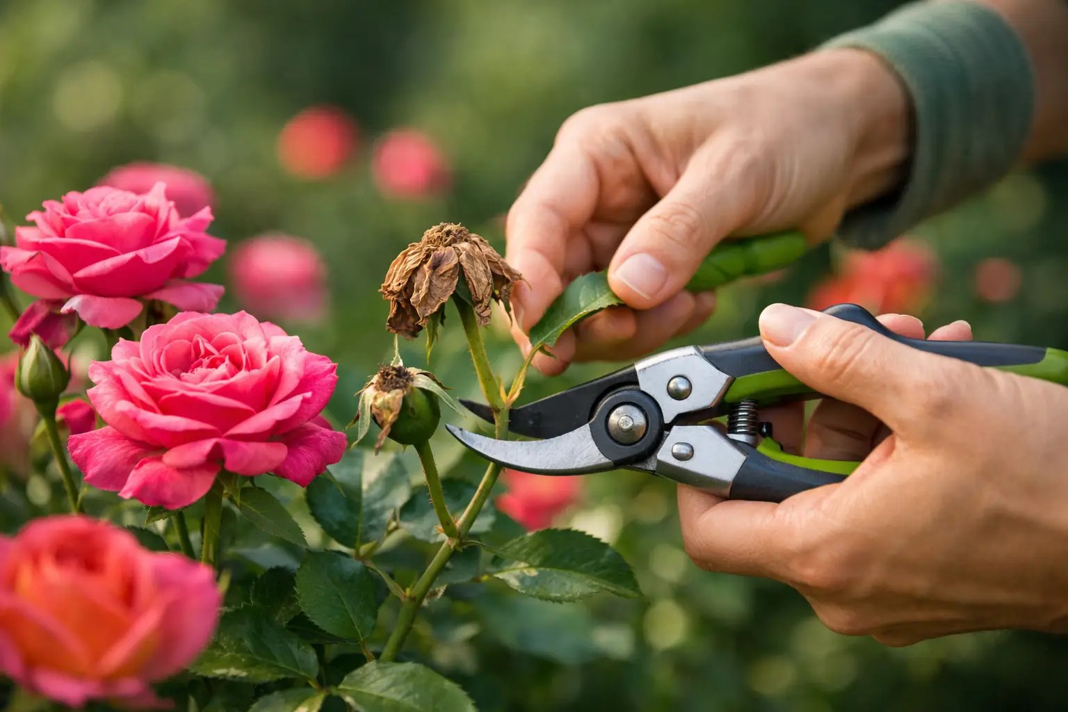 Deadheading roses.