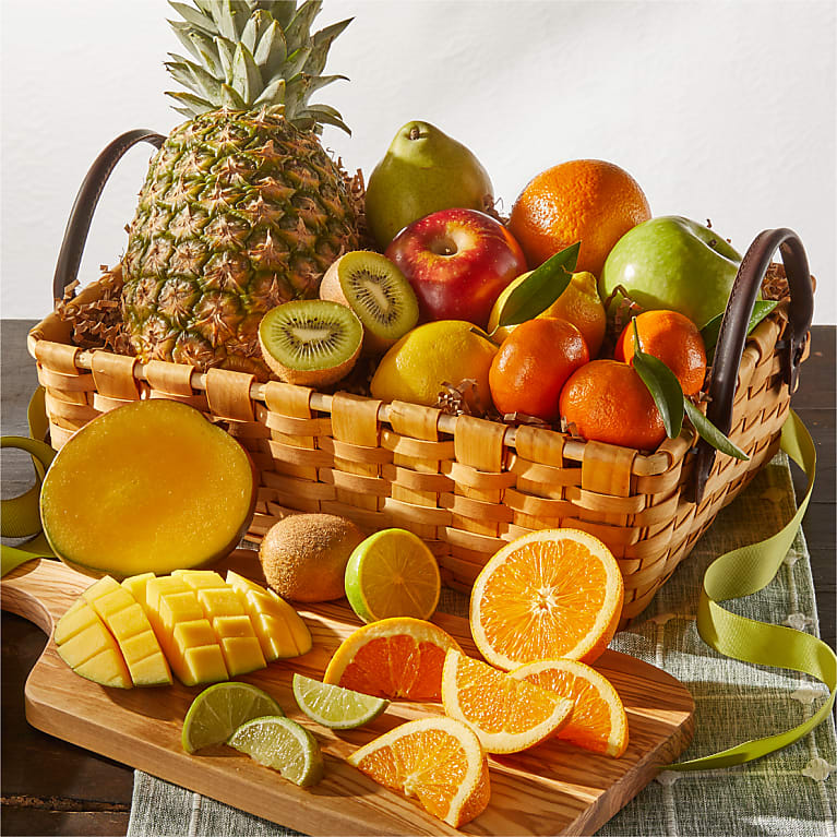 One option of the gift baskets now available to order on FTD. This is the Tropical Fruits Gift Basket that has pineapple, kiwi, oranges, apples, and more.