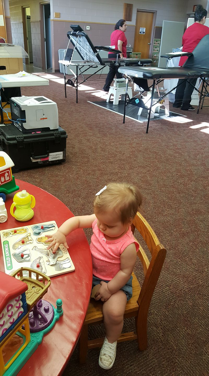 Eleanor at her desk, supervising the blood drive. :)