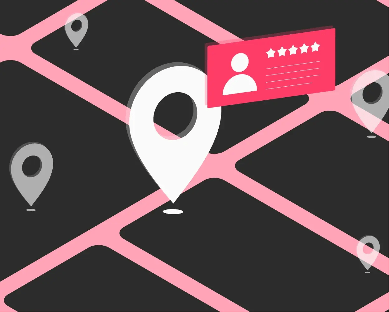 Illustration of map pins and reviews representing local search and Google Maps optimization for schools.