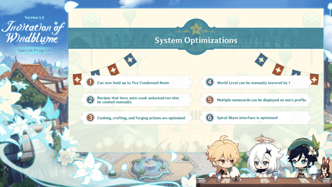 genshin impact 1.4 update system optimizations resin cooking world level spyral abyss