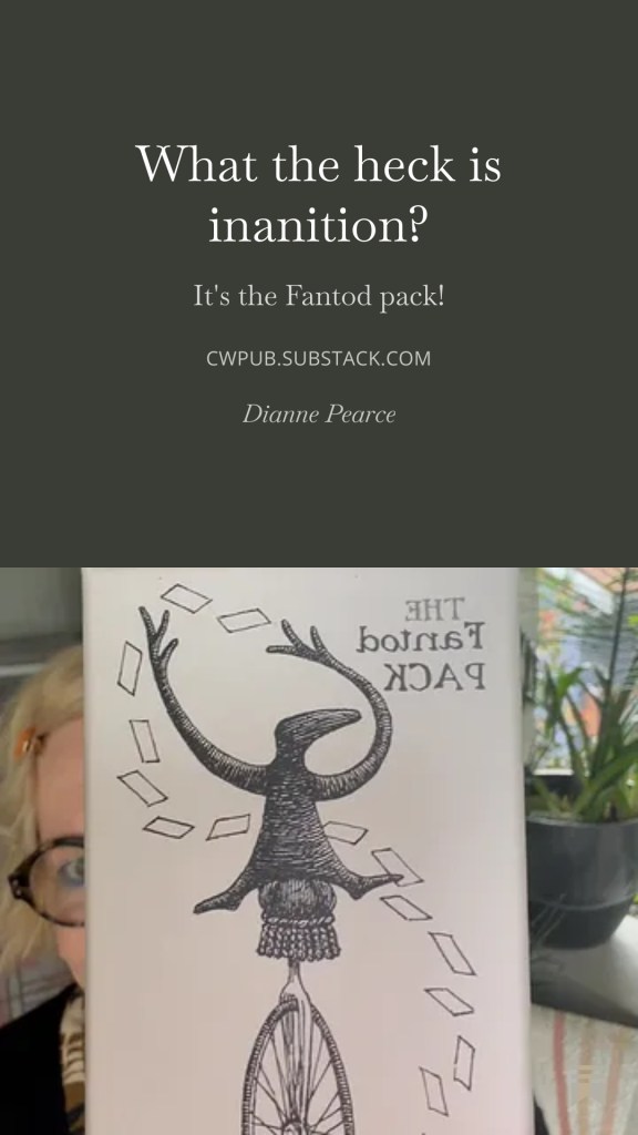 An illustration of a whimsical character with antlers riding a unicycle, surrounded by floating cards, with text about the 'Fantod pack' and a question about 'inanition.'