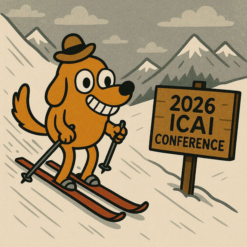 A cartoon dog on skis in a snowy mountain landscape, next to a sign that reads '2026 ICAI Conference'.
