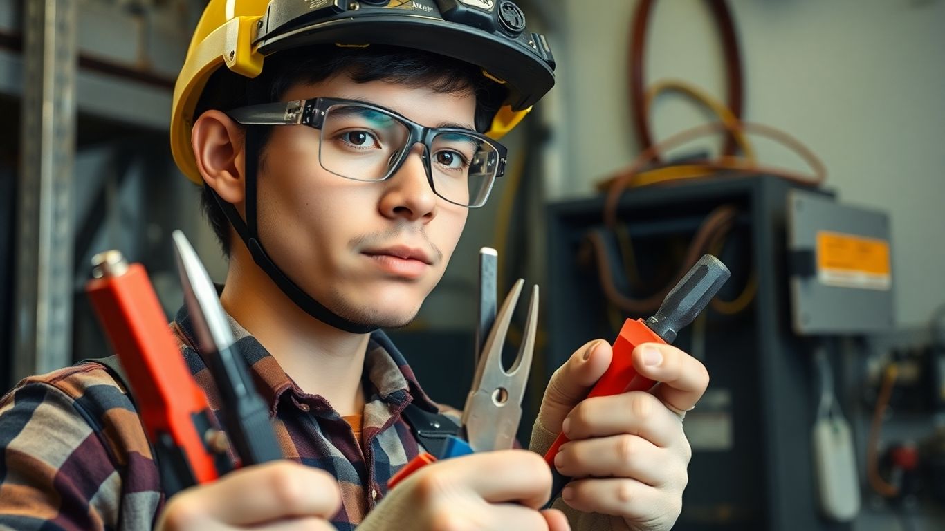 Técnico em eletrotécnica com ferramentas em oficina.