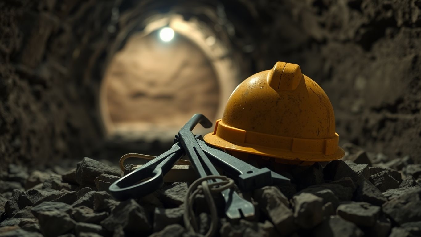 Capacete e ferramentas de mineração em rochas.