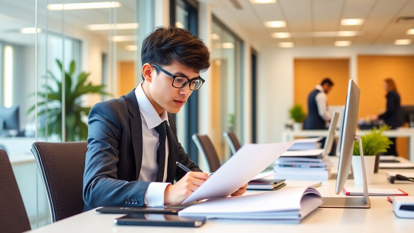 Estudante em estágio administrativo em escritório moderno.