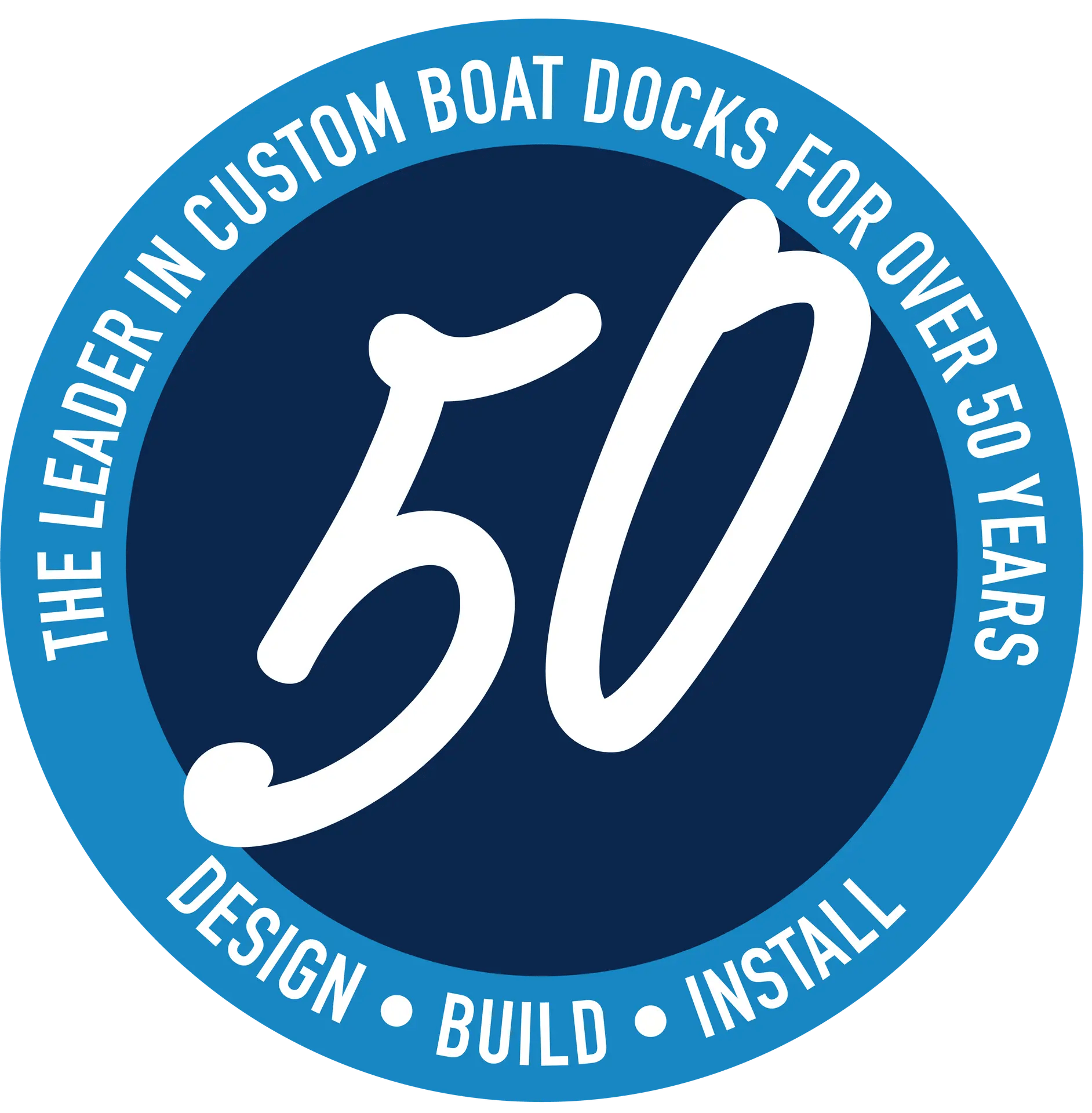 Blue Custom Dock Systems circle logo that reads "THE LEADER IN CUSTOM BOAT DOCKS FOR OVER 50 YEARS. DESIGN. BUILD. INSTALL."