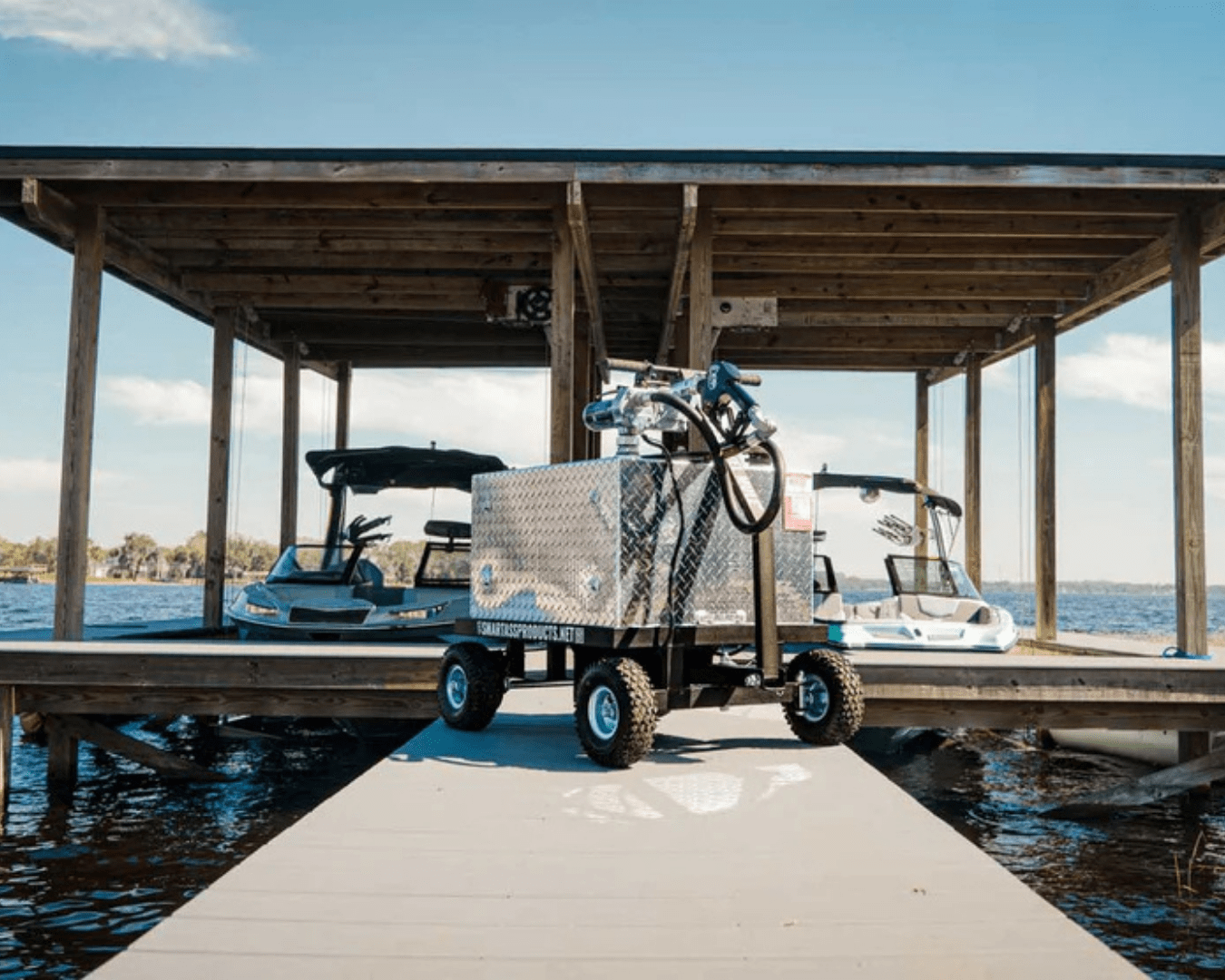 Beautiful, wide shot of SmartAss Fuel Mule Gas Caddy on dock.