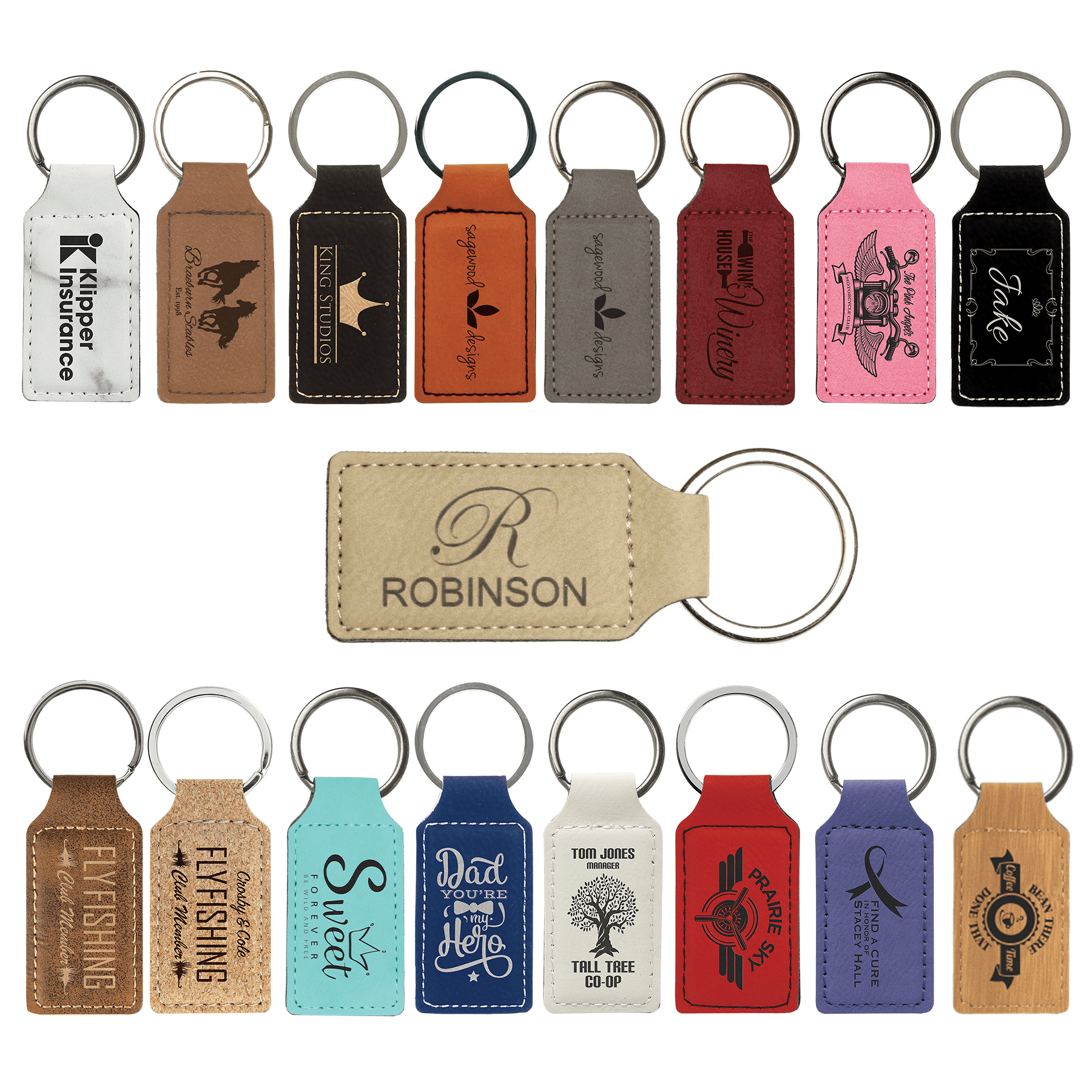 Collage of 17 different colored, customized leatherette keychains
