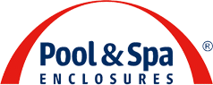 Logo of Pool & Spa Enclosures, featuring bold blue text and a red arch, representing a company specializing in pool and spa enclosure solutions.