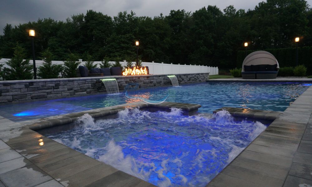 inground pool with spa, waterfalls and fire pit