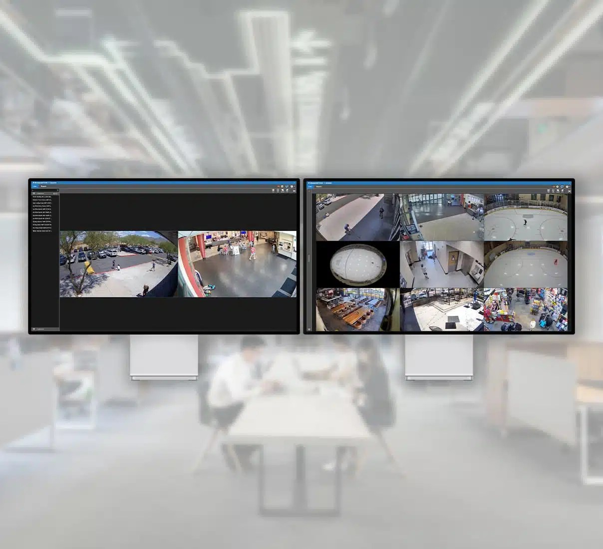 Two monitors displaying live video surveillance feeds in the OpenEye Command Station desktop client
