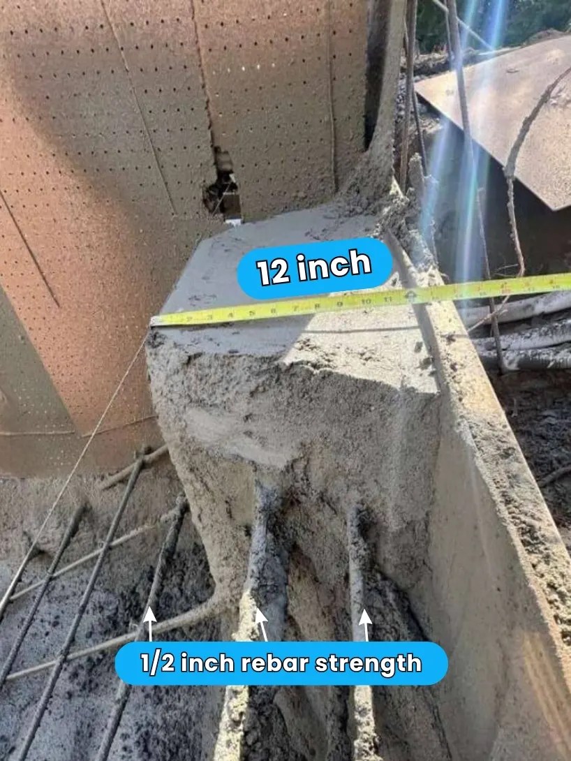 Gunite pool foundation wall showing 12-inch thickness and 1/2 inch rebar strength, illustrating construction details relevant to gunite and concrete pool durability.