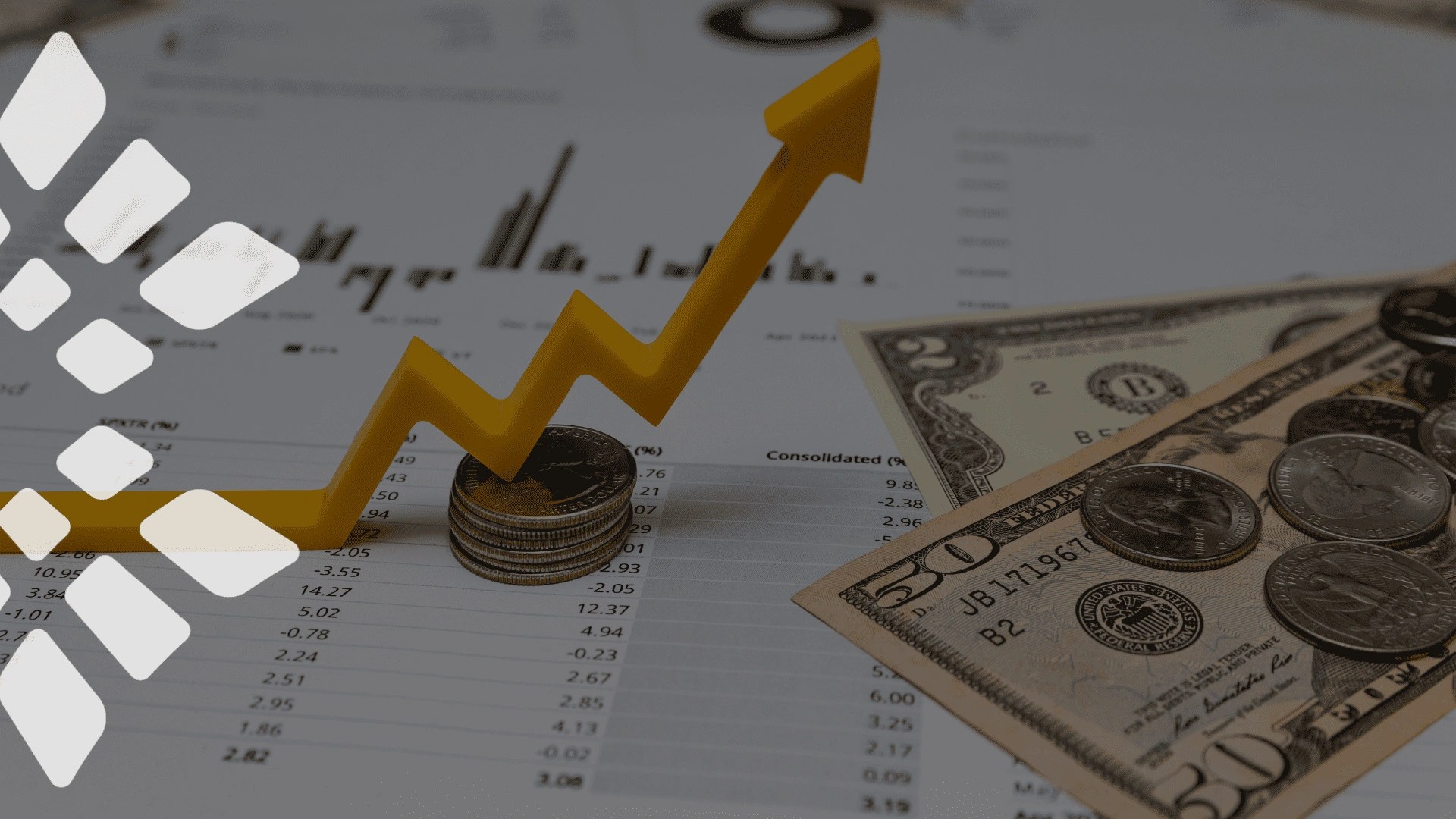 Upward growth arrow on stacked coins with dollar bills and financial reports representing business growth