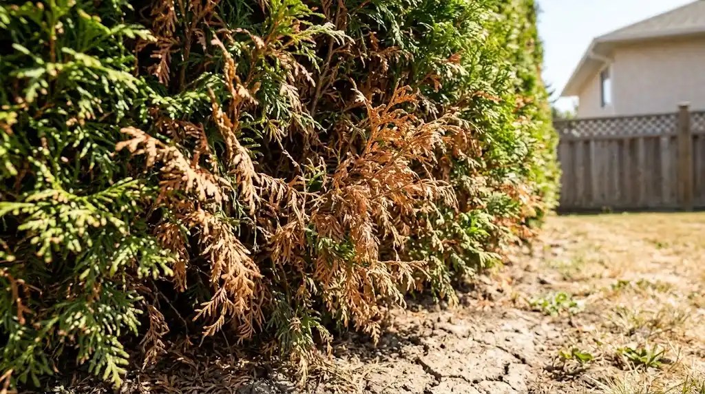 Close-up photograph of a Western Red Cedar hedge in Colwood, BC, in late August. The image shows significant foliage browning, with dry, copper-colored branches interspersed with healthy green, illustrating severe drought stress, against a residential wooden fence and stucco house corner.